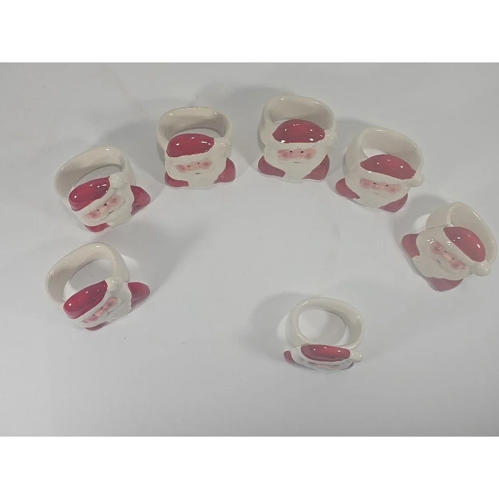 8 Vintage Santa Claus Ceramic 80's Christmas Table Napkin Rings/Holders